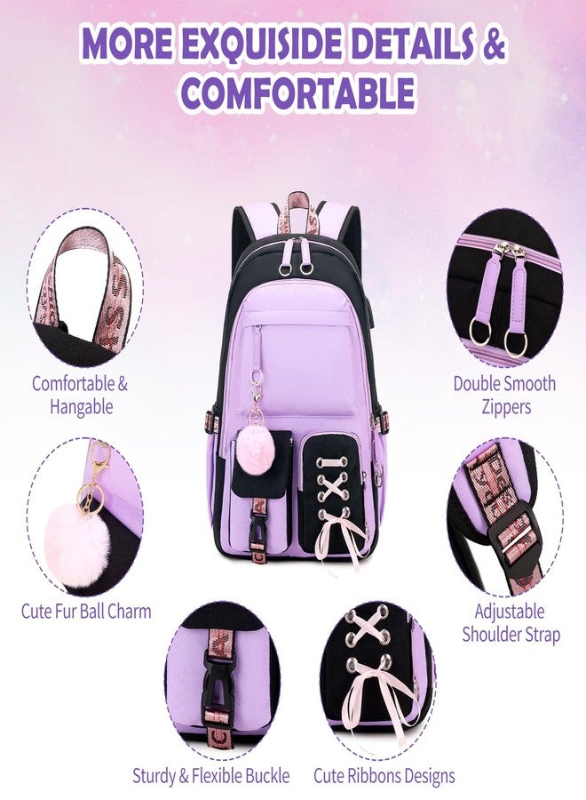 ACESAK Backpacks for Girls, Girls Backpack with Lunch Box and Pencil Case for Teen Kids Elementary Middle High School College Student, Children School Backpack Bookbag with USB Charging Port (Purple) - Image 4